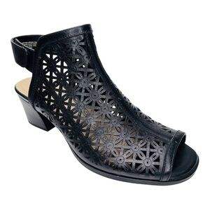Earth Murano Mist Black Leather Laser Cut Slingback Peep Toe Block Heel …